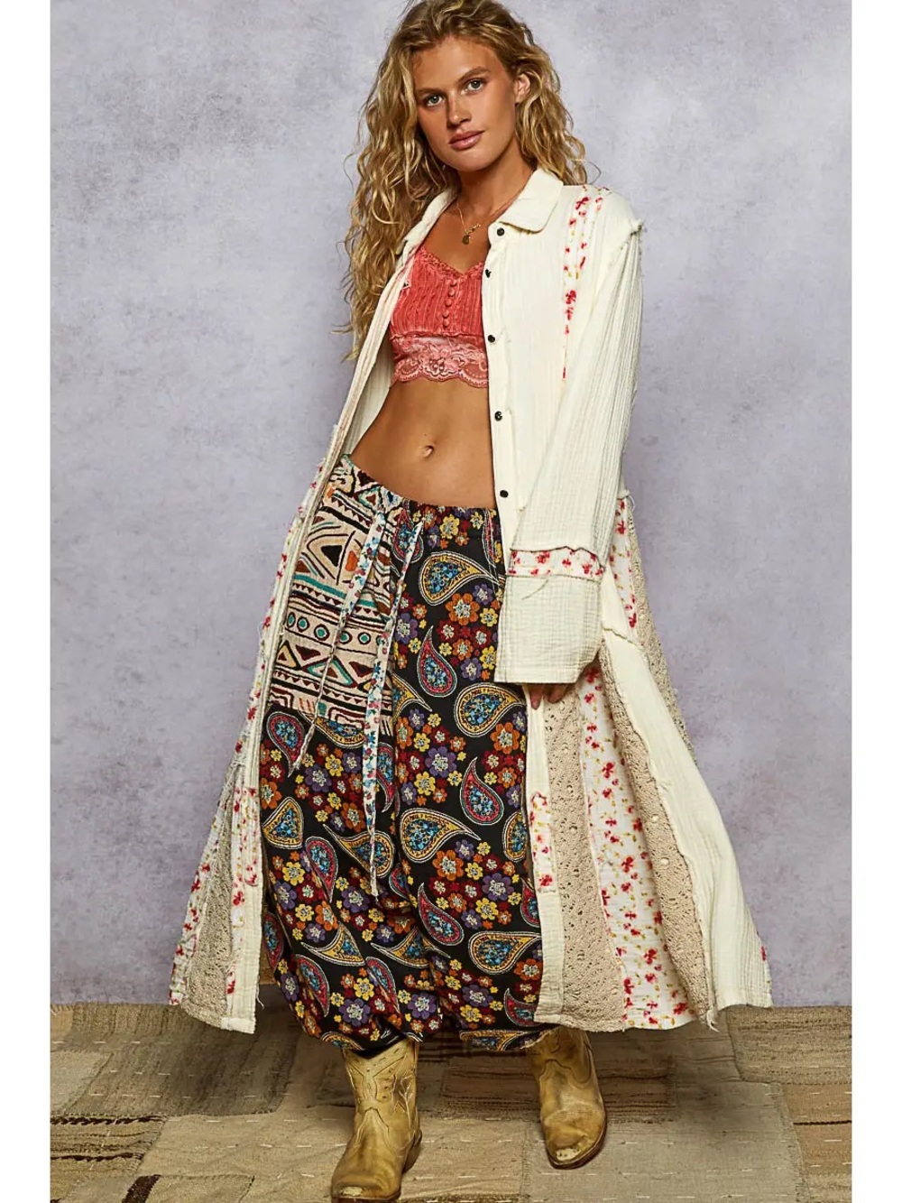 POL Cream Floral Patchwork Long Duster Coat